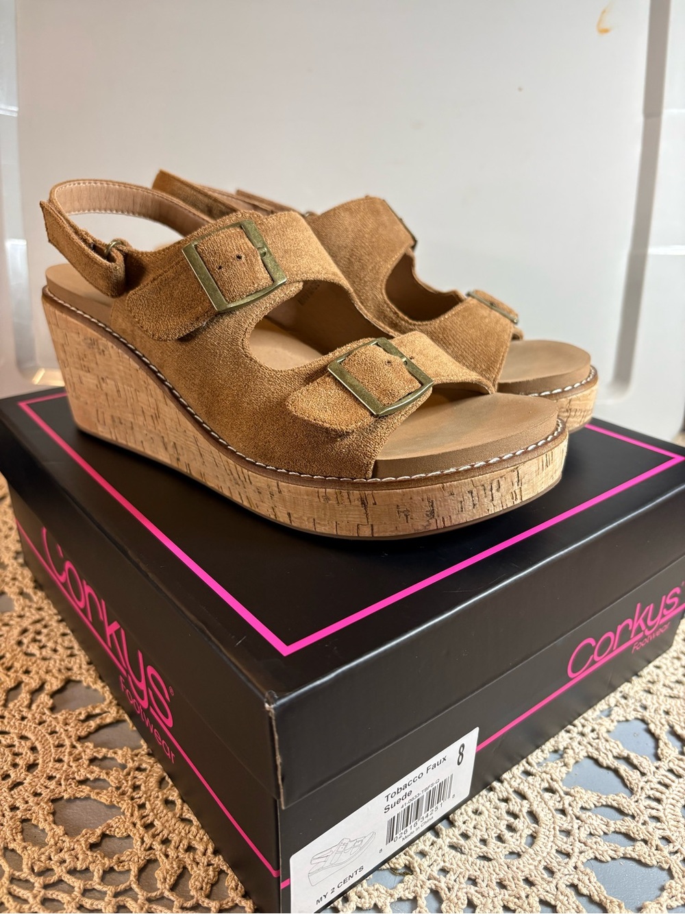 New Corkys Tan Faux Suede Cork Platform Wedge Sandals